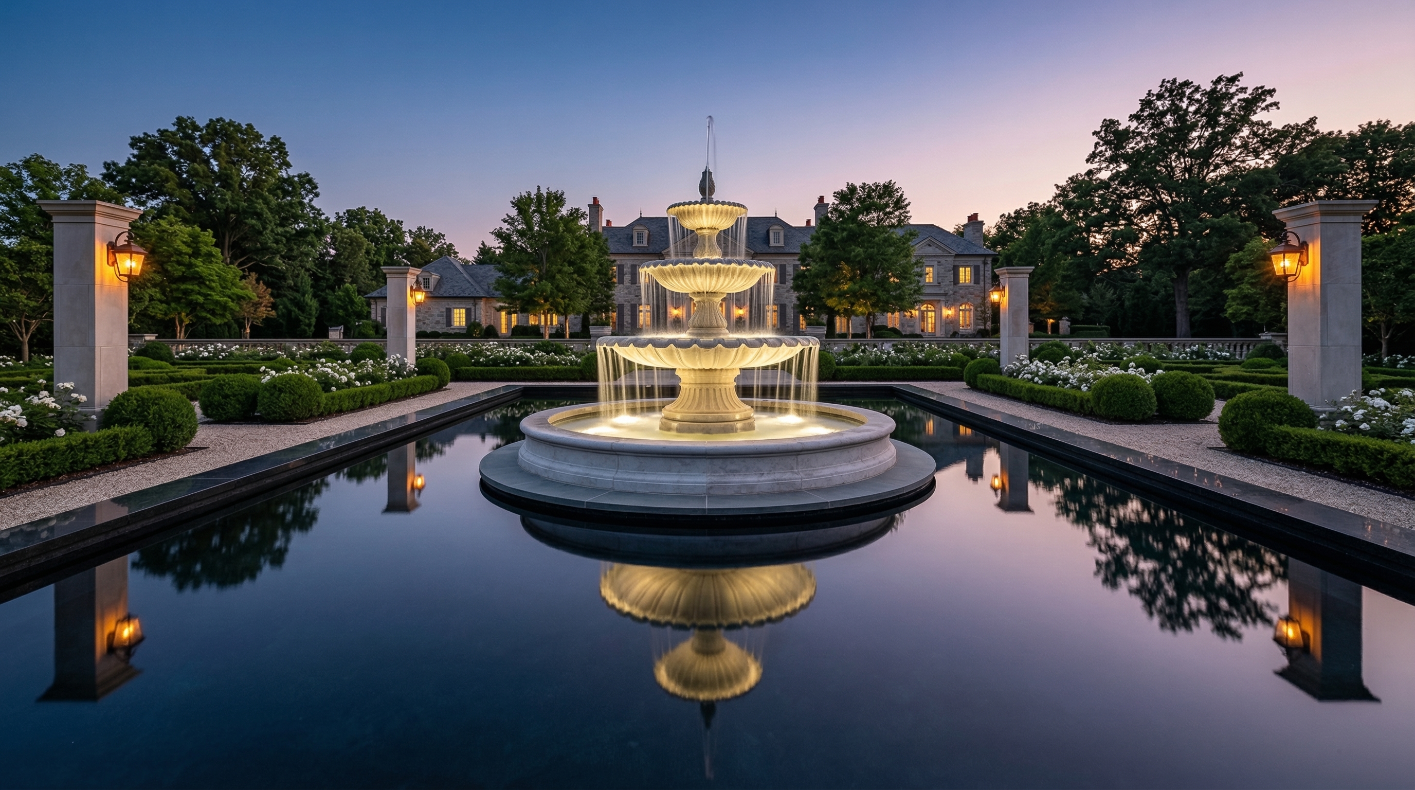 Breathtaking wide-angle view of a grand formal water garden